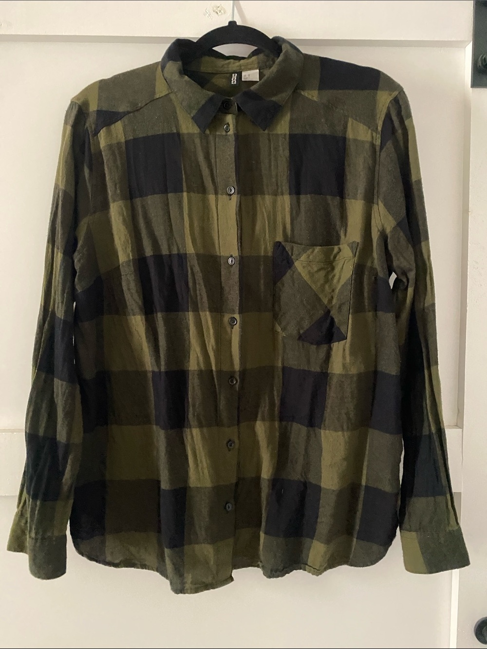 H&M Olive Green and Black Plaid Button-Down Shirt